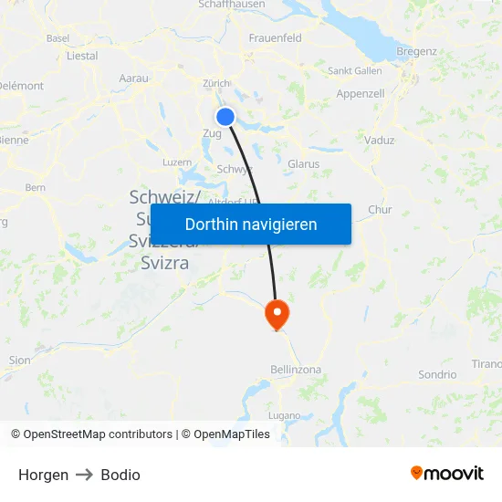 Horgen to Bodio map