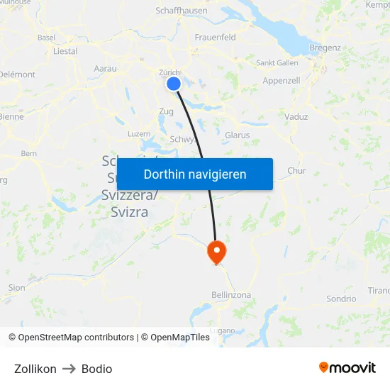 Zollikon to Bodio map