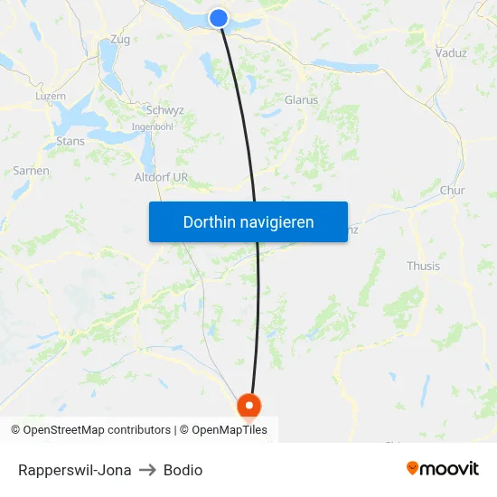Rapperswil-Jona to Bodio map
