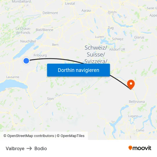 Valbroye to Bodio map