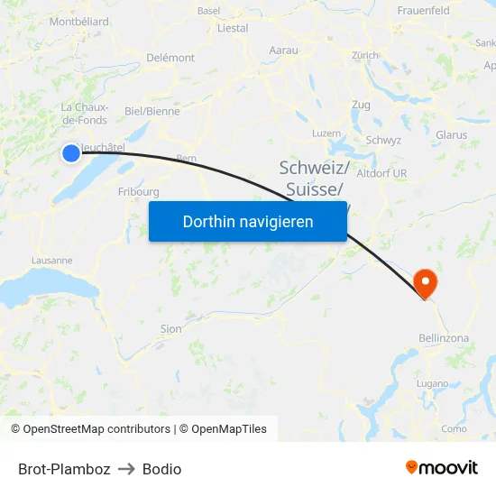 Brot-Plamboz to Bodio map