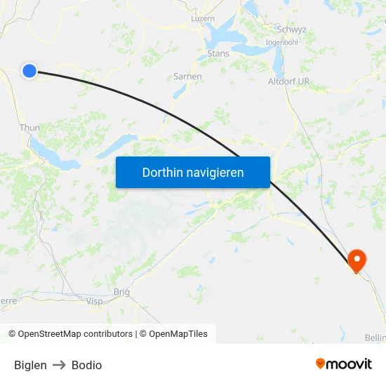 Biglen to Bodio map
