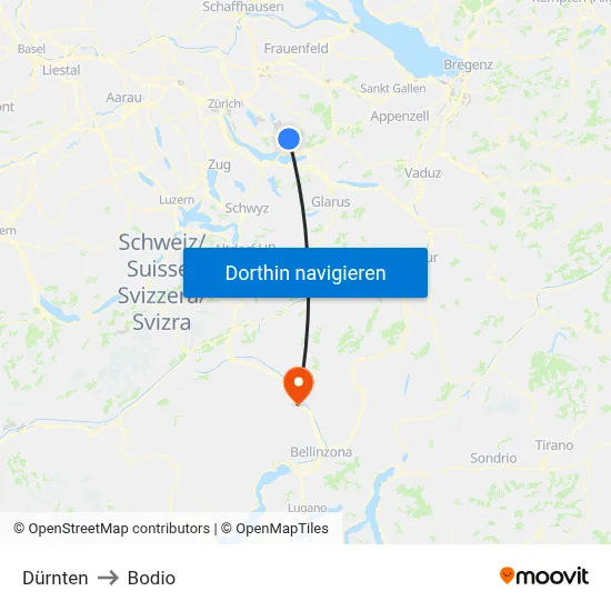 Dürnten to Bodio map