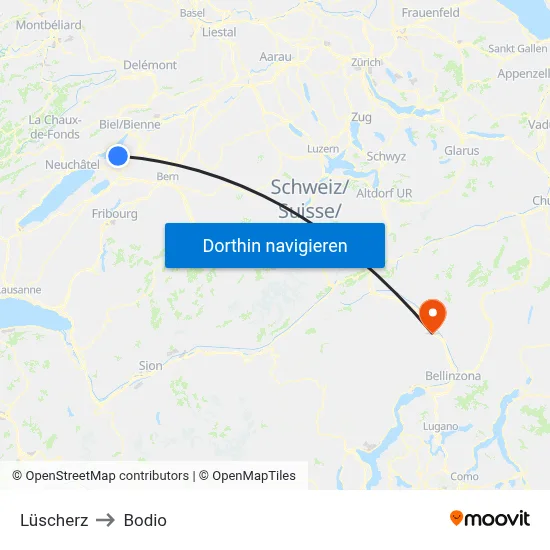 Lüscherz to Bodio map