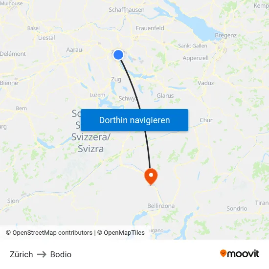 Zürich to Bodio map