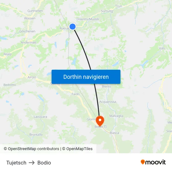 Tujetsch to Bodio map