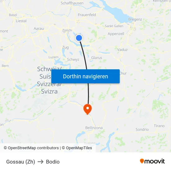 Gossau (Zh) to Bodio map