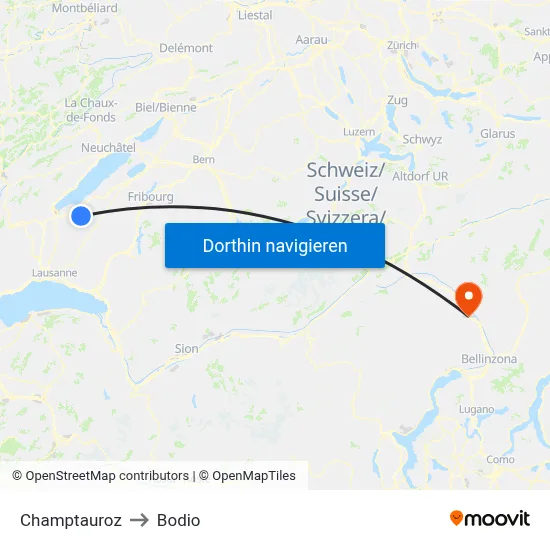 Champtauroz to Bodio map