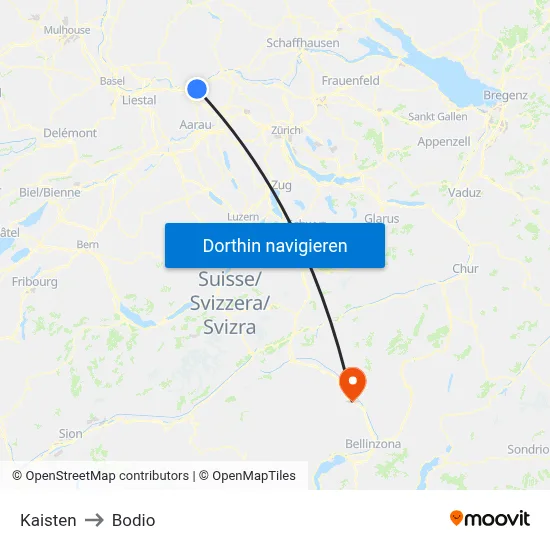 Kaisten to Bodio map