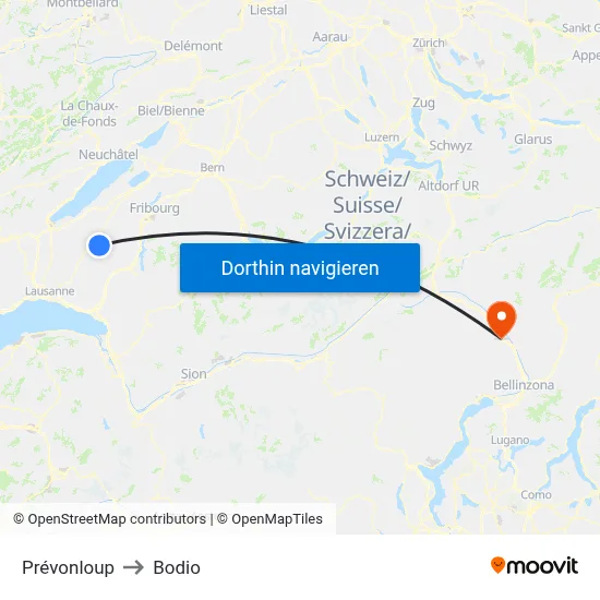 Prévonloup to Bodio map