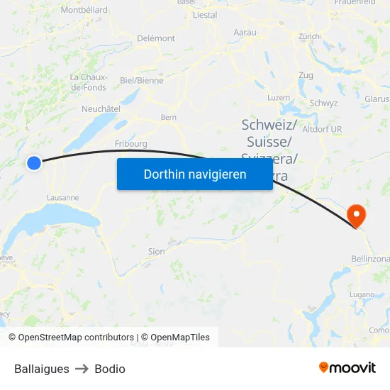 Ballaigues to Bodio map