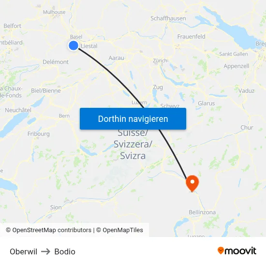 Oberwil to Bodio map