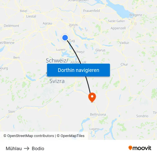 Mühlau to Bodio map