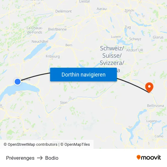Préverenges to Bodio map