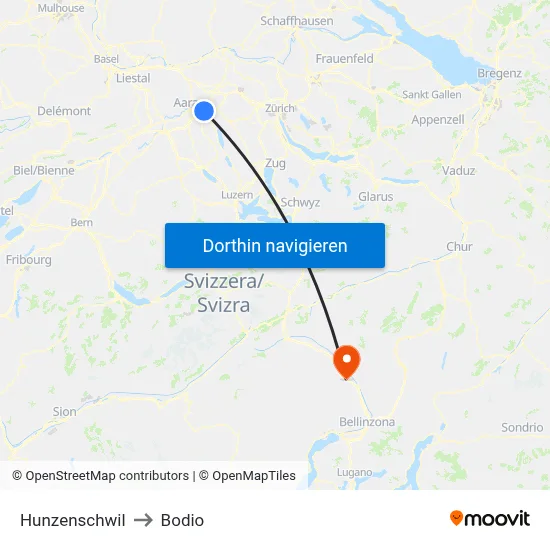Hunzenschwil to Bodio map