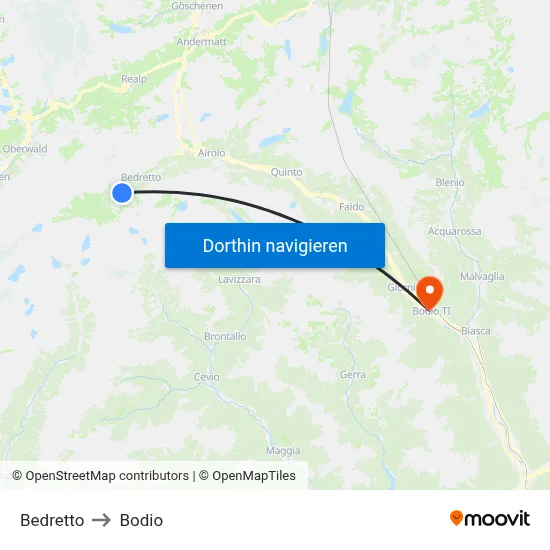 Bedretto to Bodio map