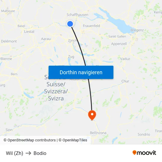 Wil (Zh) to Bodio map
