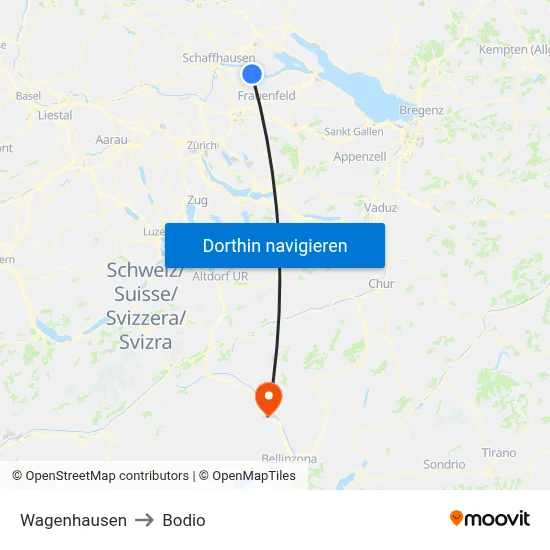 Wagenhausen to Bodio map