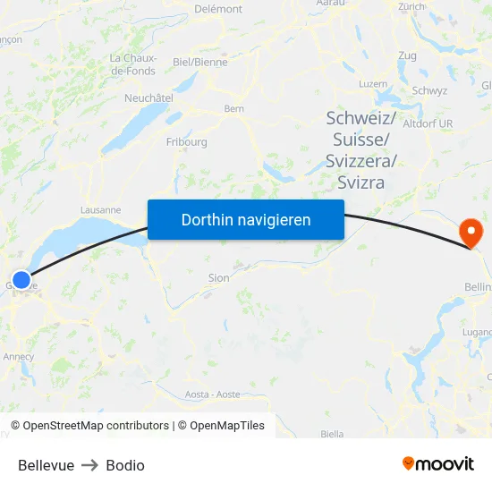 Bellevue to Bodio map
