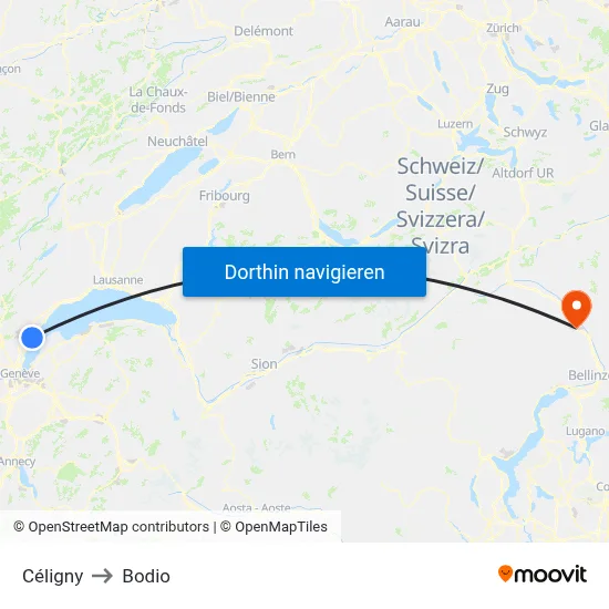 Céligny to Bodio map