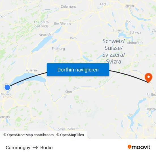 Commugny to Bodio map