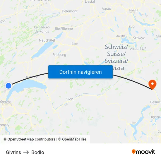 Givrins to Bodio map