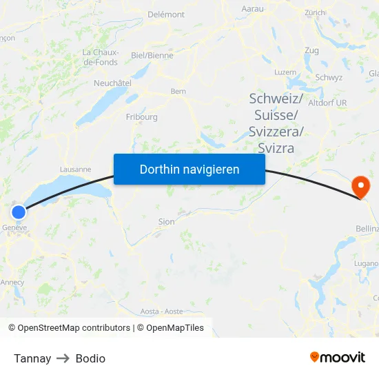 Tannay to Bodio map