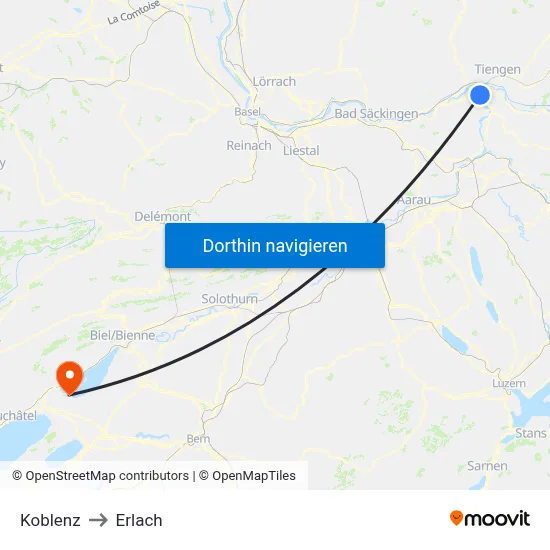 Koblenz to Erlach map