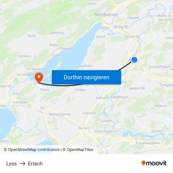 Lyss to Erlach map