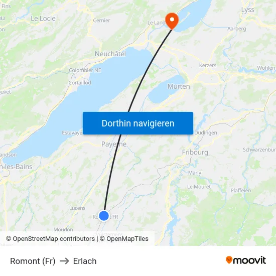 Romont (Fr) to Erlach map