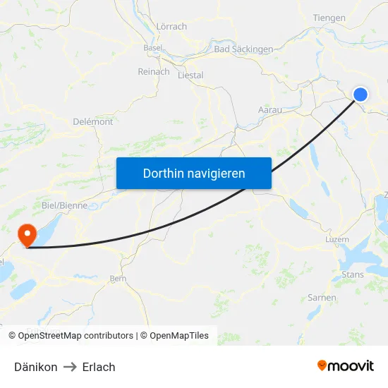 Dänikon to Erlach map