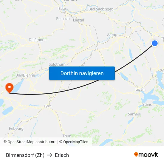 Birmensdorf (Zh) to Erlach map
