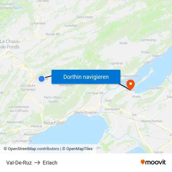 Val-De-Ruz to Erlach map