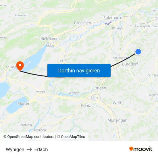 Wynigen to Erlach map