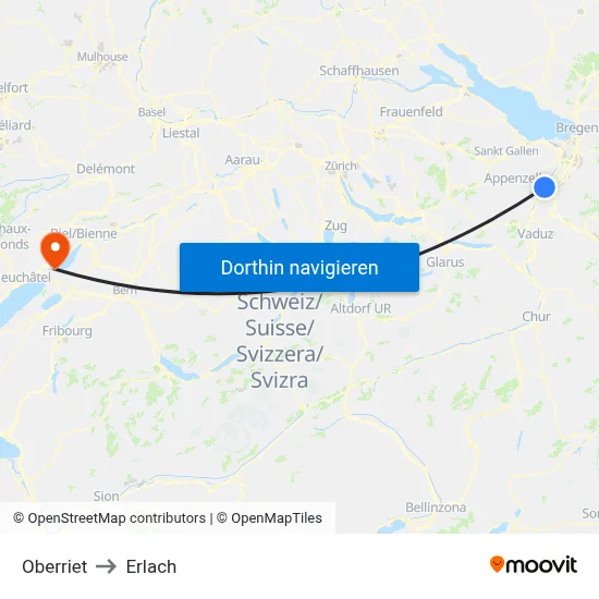 Oberriet to Erlach map
