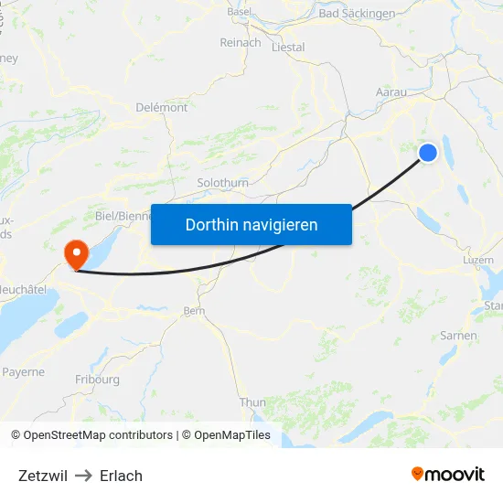 Zetzwil to Erlach map