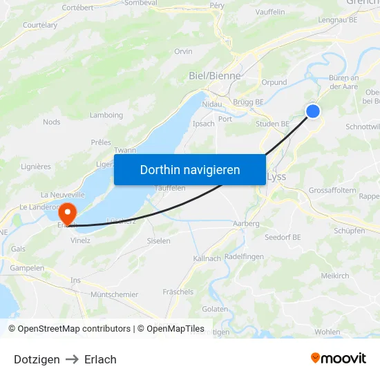 Dotzigen to Erlach map