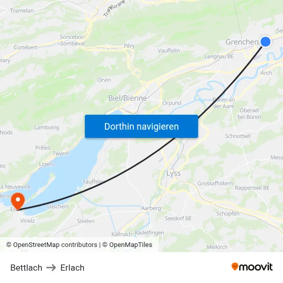 Bettlach to Erlach map