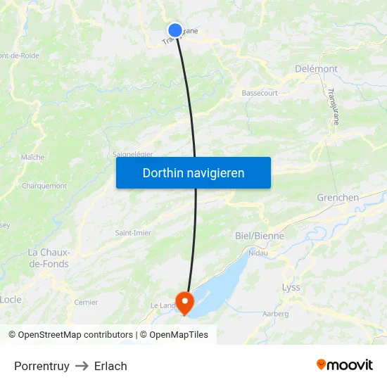 Porrentruy to Erlach map