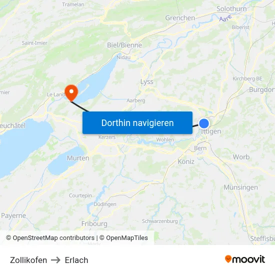 Zollikofen to Erlach map