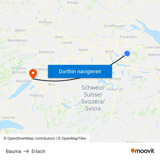 Bauma to Erlach map