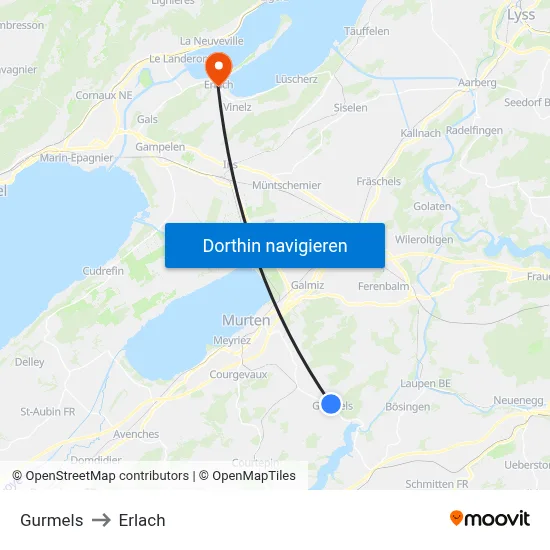 Gurmels to Erlach map