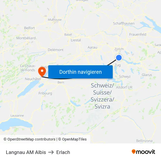 Langnau AM Albis to Erlach map
