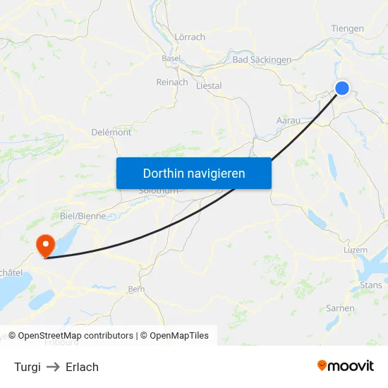 Turgi to Erlach map