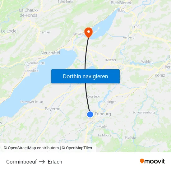 Corminboeuf to Erlach map