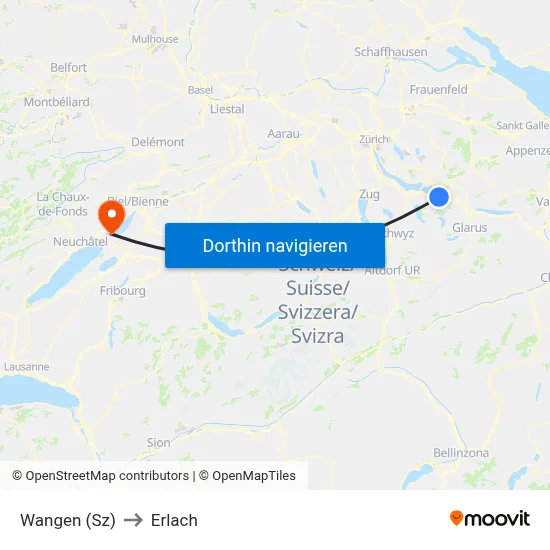 Wangen (Sz) to Erlach map