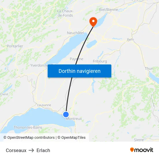 Corseaux to Erlach map