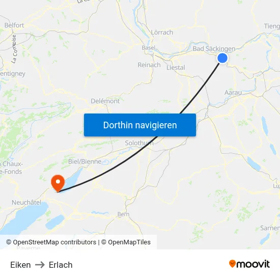Eiken to Erlach map