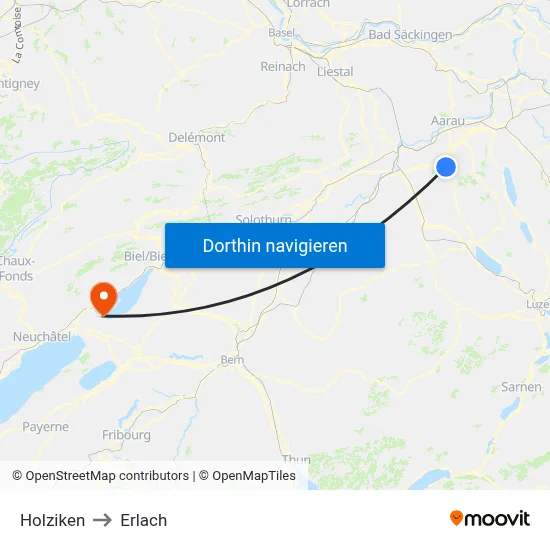Holziken to Erlach map