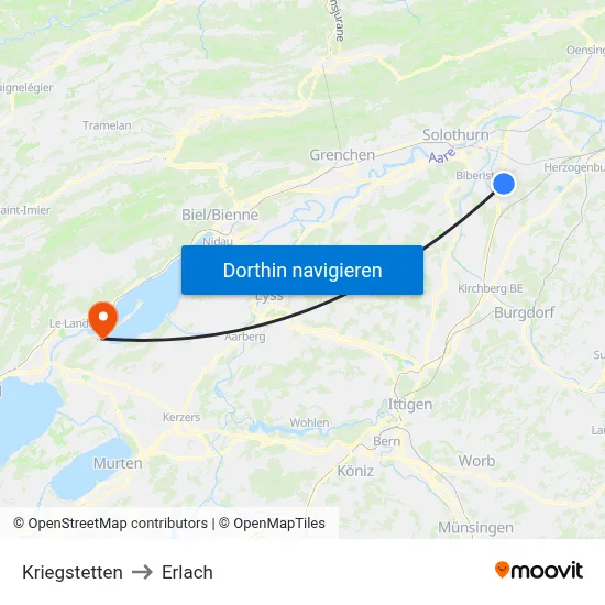 Kriegstetten to Erlach map